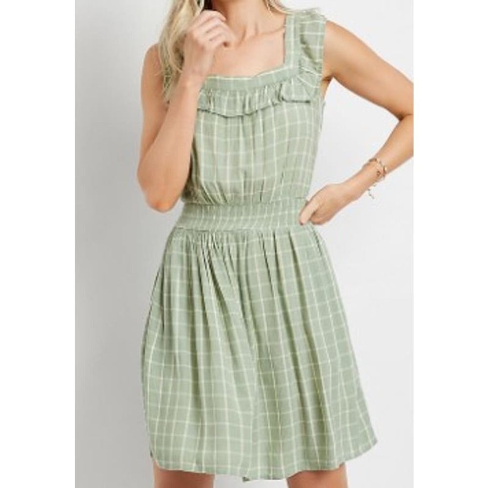 Maurices Light Green Plaid Ruffle Trim Sleeveless Square Neckline Mini Dress